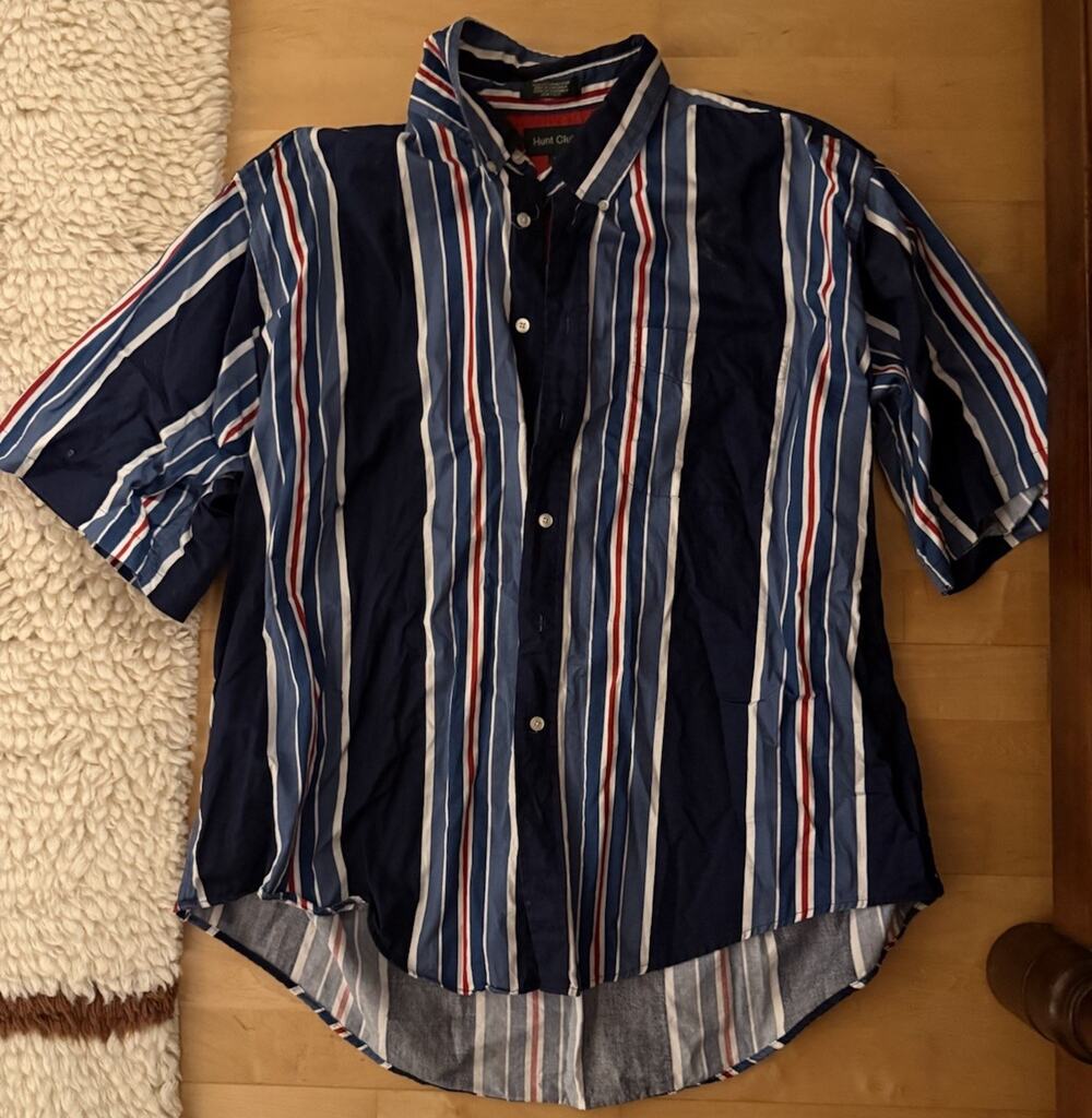 VTG 90s Hunt Club Y2K Blue Striped Short Sleeve Button Up Shirt Men’s XXL